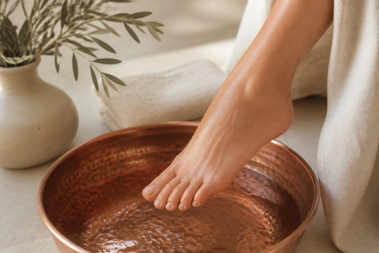 A woman enjoying a peaceful foot wellness ritual with a copper basin