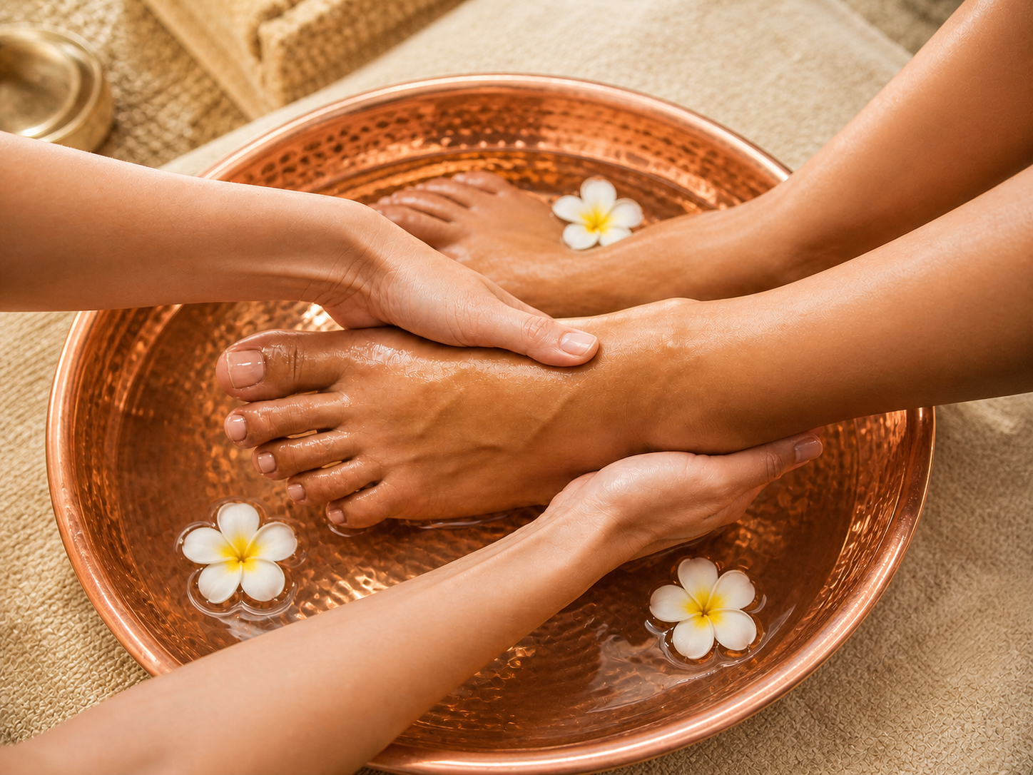 Attentive foot wellness care in a handcrafted copper basin